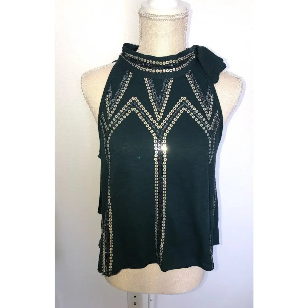 Free People Green Glitter City Tie Neck Tank Top - XS